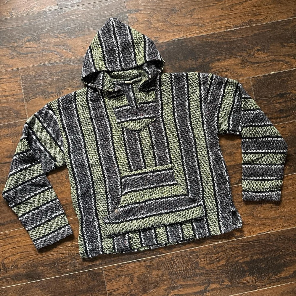 Y2K drug rug size large green and charcoal baja poncho hippy